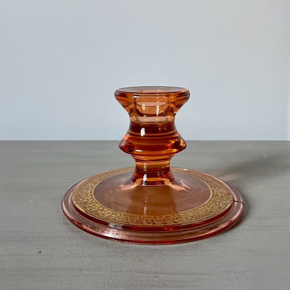 VINTAGE Gorgeous Depression Era Sandwich Glass Candle Holder Gold Paint Accent - Picture 3 of 9